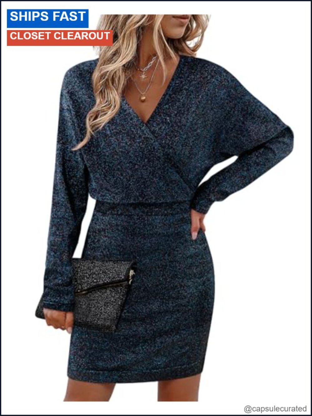 Bebonnie Sexy V Neck Batwing Sleeve Glitter Sweater Dress Bodycon Midi